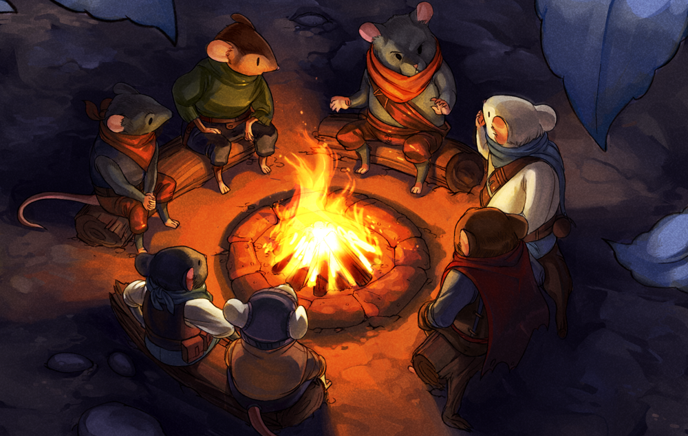 hamsters and mice around a campfire